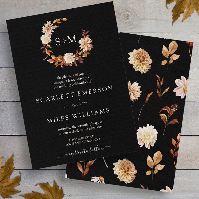 Convites Casamento de terra de terracotta monograma em qued (Black Fall Terracotta Monogram Wreath Wedding Invitation
)