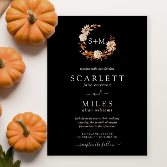 Convites Casamento de terra de terracotta monograma em qued (Black Fall Terracotta Monogram Wreath Wedding Invitation
)