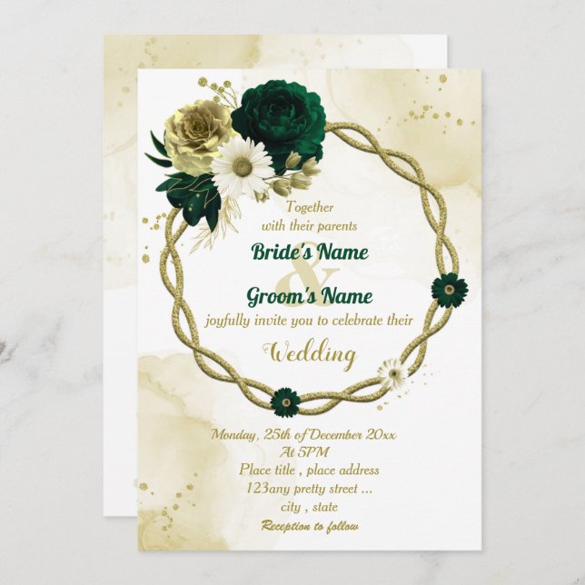 Convites Casamento de terra floral com ouro verde-marfim (Frente/Verso)