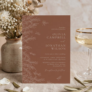 Convites Casamento de Terracota Boho Moderno com Folhas
