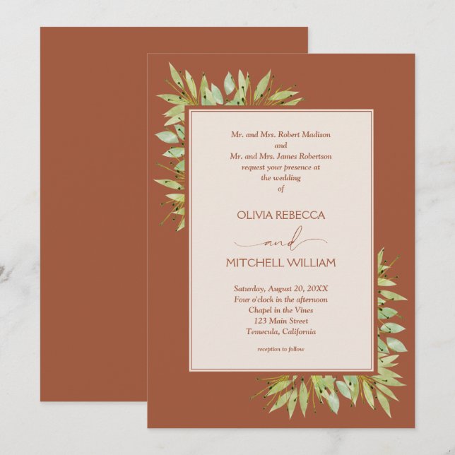 Convites Casamento de Terracota com Folhagem Botânica (Frente/Verso)