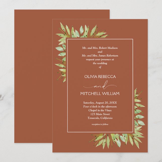 Convites Casamento de Terracota com Folhagem Botânica (Frente/Verso)
