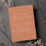 Convites Casamento de Terracotta com Script Moderno Mínimo<br><div class="desc">Celebre seu amor com elegância eterno! Estes convites de casamento minimalistas apresentam seus nomes em uma fonte delicada de escrita contra um fundo de terracota rico. Perfeito para uma celebração sofisticada e memorável. Personalize-o para as suas necessidades.</div>