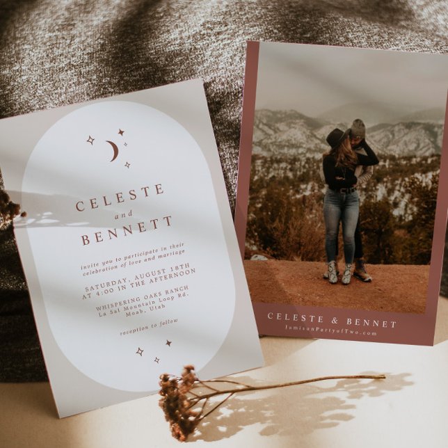 Convites Casamento de Terracotta de Boho Moon & Stars (Criador carregado)