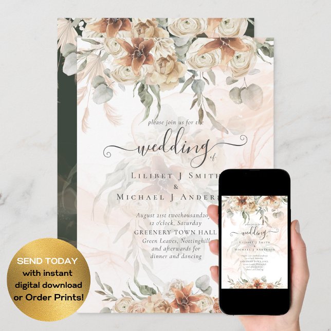 Convites Casamento de Terracotta Pampas Grass BOHO (Criador carregado)