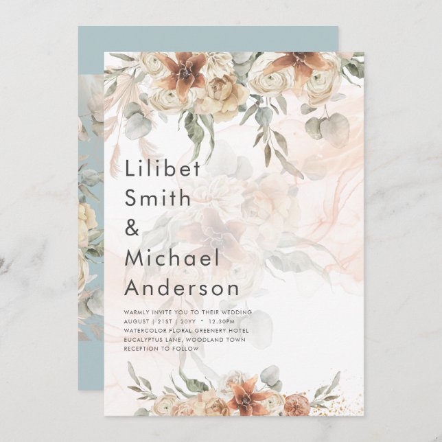 Convites Casamento de Terracotta Pampas Grass BOHO (Frente/Verso)