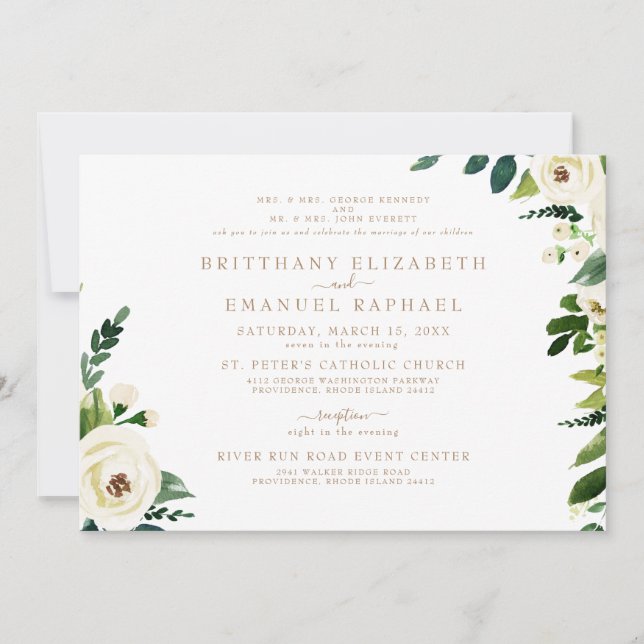 Convites Casamento de Texto Dourado dos Pais Branco Simples (Frente)