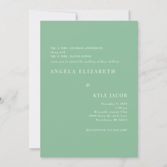 Convites Casamento de Texto Verde de Verão Simples e Elegan (Frente)