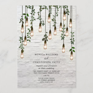 Convites Casamento de tijolos Brancos com Lâmpadas Botânica