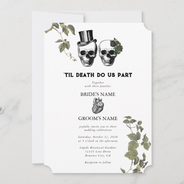Convites Casamento de Til Death Gothic Heart Floral Skulls (Frente)