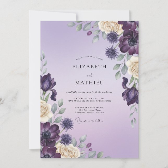 Convites Casamento de Tília Eucalipto Roxo Fundo (Frente)