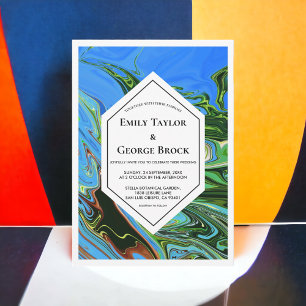 Convites Casamento de Tinta Abstrato Verde Azul Mínimo Eleg
