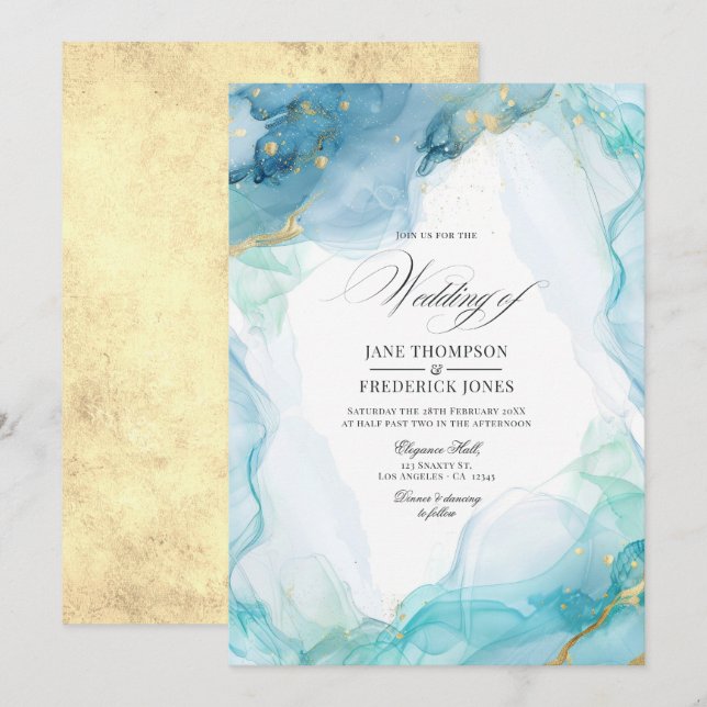 Convites Casamento de Tinta de Mármore Azul e Dourado Elega (Frente/Verso)