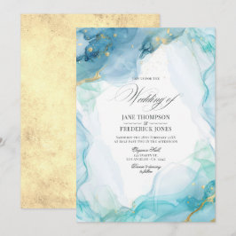 Convites Casamento de Tinta de Mármore Azul e Dourado Elega