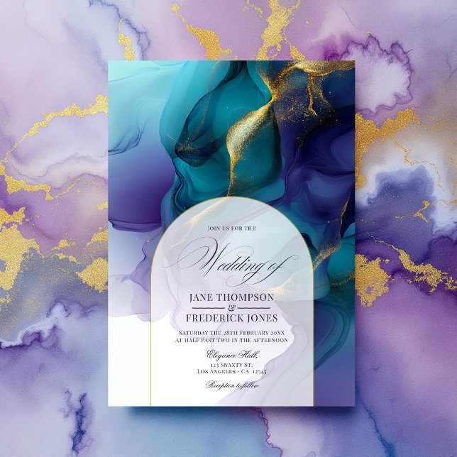 Convites Casamento de tinta Dourada, azul e roxa elegante (Elegant Purple, Blue, and Gold Flowing Ink Wedding Invitation)