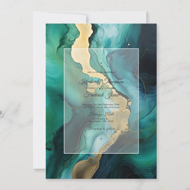 Convites Casamento de tinta esmeralda verde, Dourada e negr (Frente)