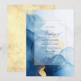 Convites Casamento de Tinta Fluida Azul e Dourado Luxuoso
