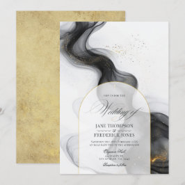 Convites Casamento de Tinta Marmoreada Preta e Dourada Eleg