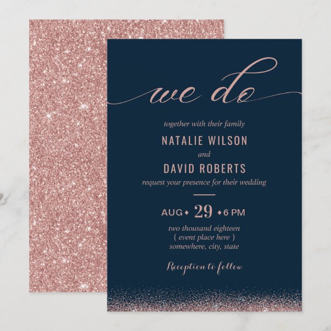 Convites Casamento de Tipografia Elegante Azul-rosa Dourada (Frente/Verso)