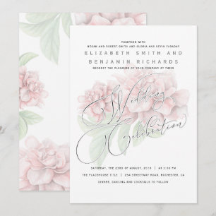 Convites Casamento de Tipografia Floral Rosa Suave e Elegan