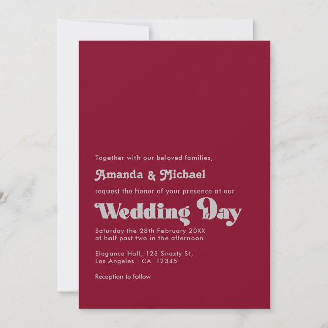 Convites Casamento de Tipografia Prateada e Burgundy Deslum (Frente)