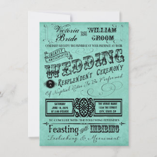 Convites Casamento de Tipografia Vintage Azul Turquesa