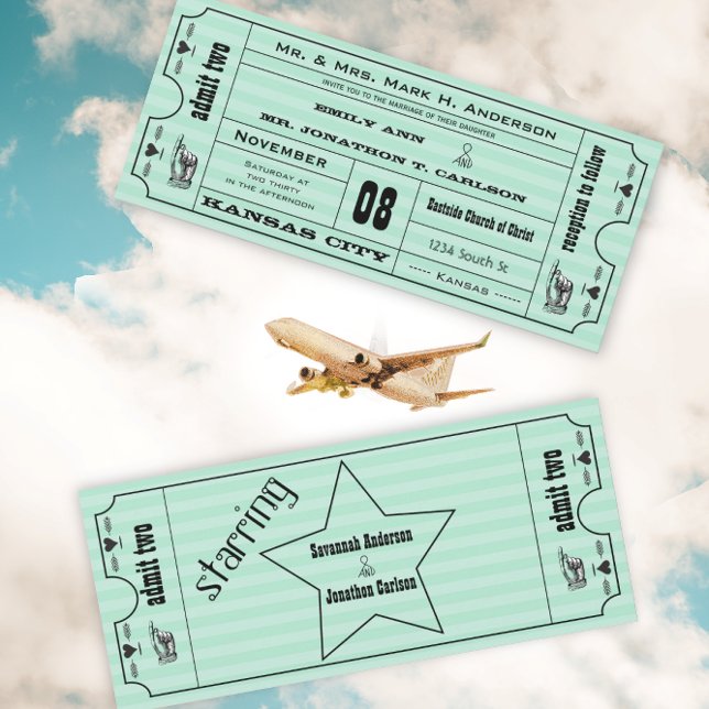 Convites Casamento de Tíquetes Modernos de Mint Vintage (Criador carregado)