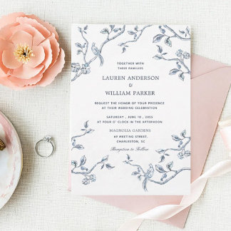 Convites Casamento de toile francês branco e azul Elegante