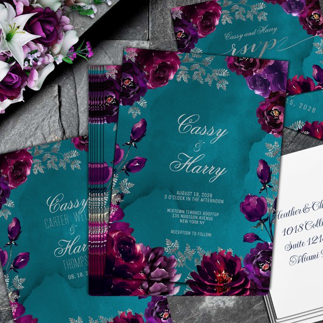 Convites Casamento de Tom de Teal Jewel de Garnet Ametist (Amethyst Garnet Teal Jewel Tone Wedding Invitation in deep purple amethyst and garnet burgundy red)