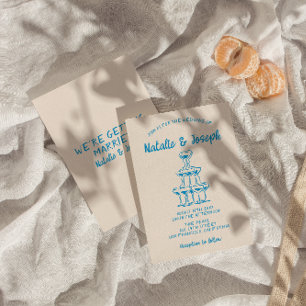 Convites Casamento de Torre Azul Retro-Champagne Desenhado 