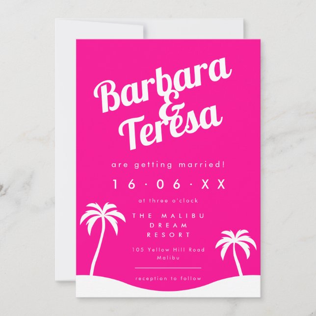 Convites Casamento de Trendy Beach, Barbiecore Rosa Moderno (Frente)