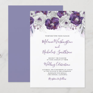 Convites Casamento de Trendy Purple Silver Watercolor Flora