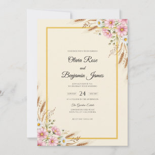 Convites Casamento de Trigo Eucalipto Rosa Creme