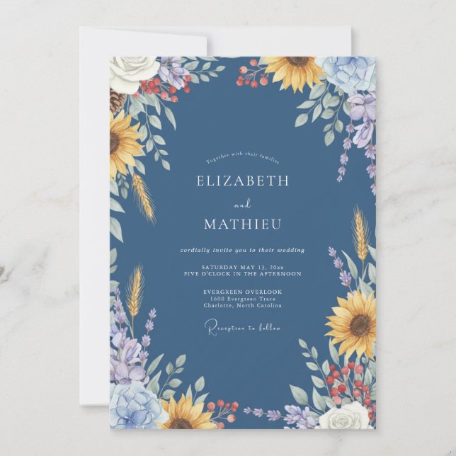 Convites Casamento de Trigo Girassol Slate Eucalipto (Frente)