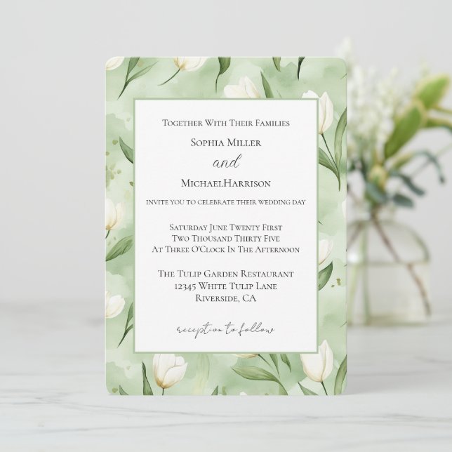 Convites Casamento de Tulipas Brancas Verdes Bonitas (Em pé/Frente)