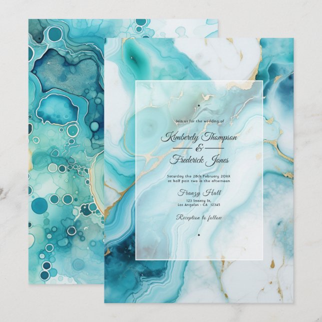 Convites Casamento de Turquesa e Ágata Patina (Frente/Verso)