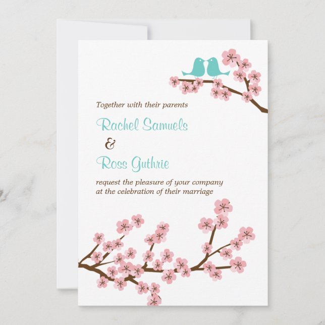 Convites Casamento de Turquesa e Flor de Cereja Rosa (Verti (Frente)