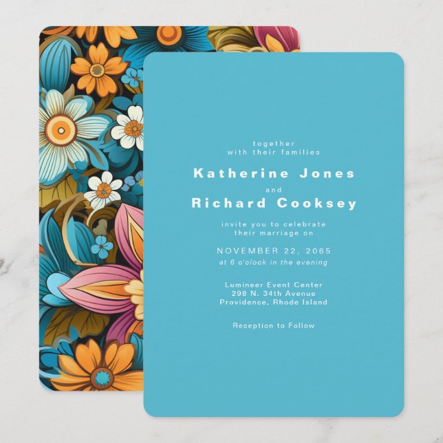 Convites Casamento de Turquesa Floral Retro Contemporânea (Frente/Verso)