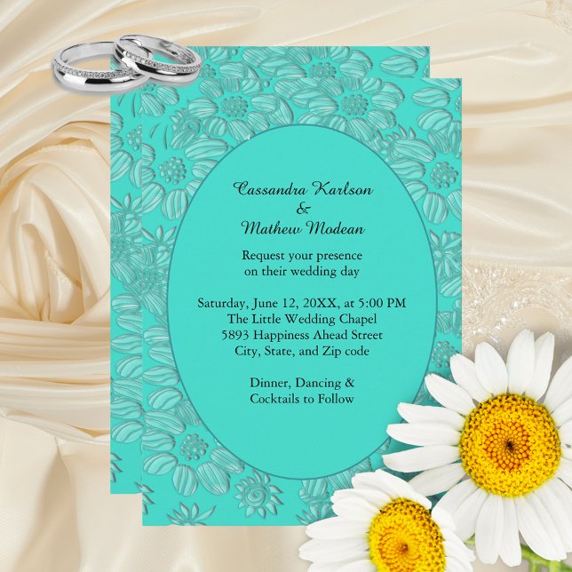Convites Casamento de Turquesa Floral Romântica das Visitas (Elegant Romantic Daisies Floral Turquoise Wedding Invitation)