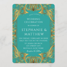Convites Casamento de turquesas e flores Douradas