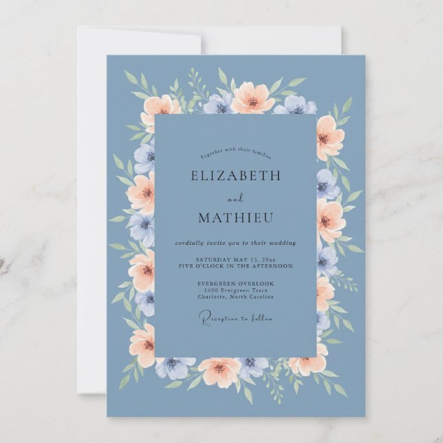 Convites Casamento de Verão Azul Desbotado Elegante (Frente)