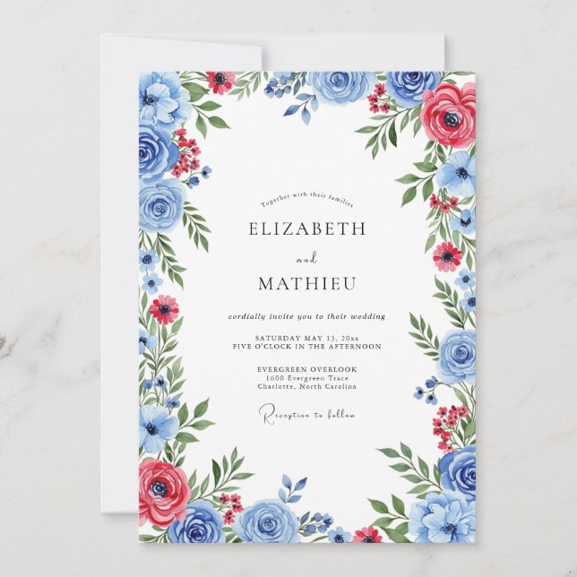 Convites Casamento de Verão Azul Desbotado Refinado (Frente)