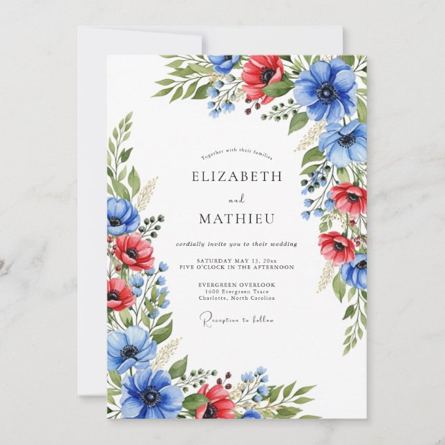 Convites Casamento de Verão Azul Real Radiante Vermelho (Frente)