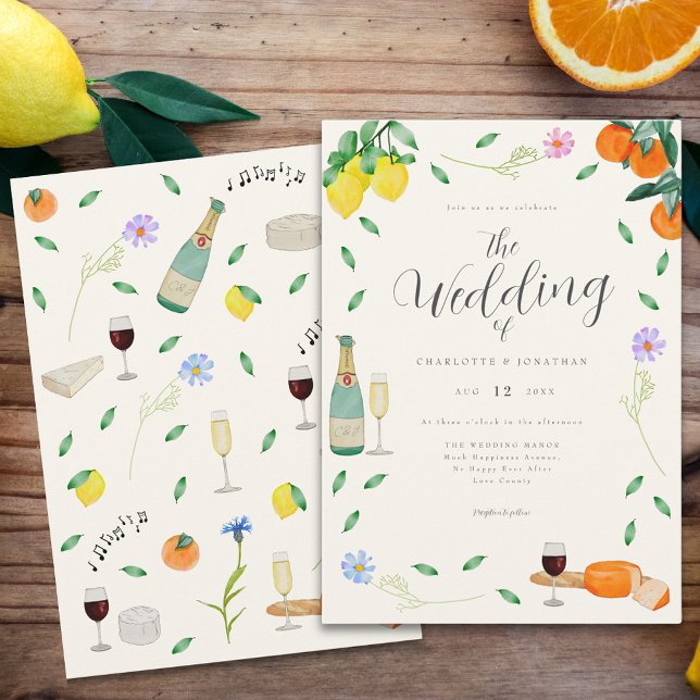 Convites Casamento de Verão Boho com Flores Silvestres e Cí (Elegant boho wildflower lemon and orange wedding invitation )