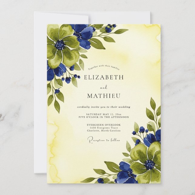 Convites Casamento de Verão Botânico Azul Naval Hipnotizant (Frente)
