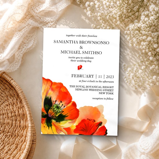Convites Casamento de Verão Botânico com Flor de Papoula Ve (Criador carregado)
