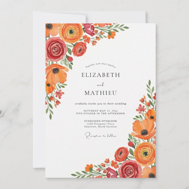Convites Casamento de Verão Brilhante Tangerina (Frente)