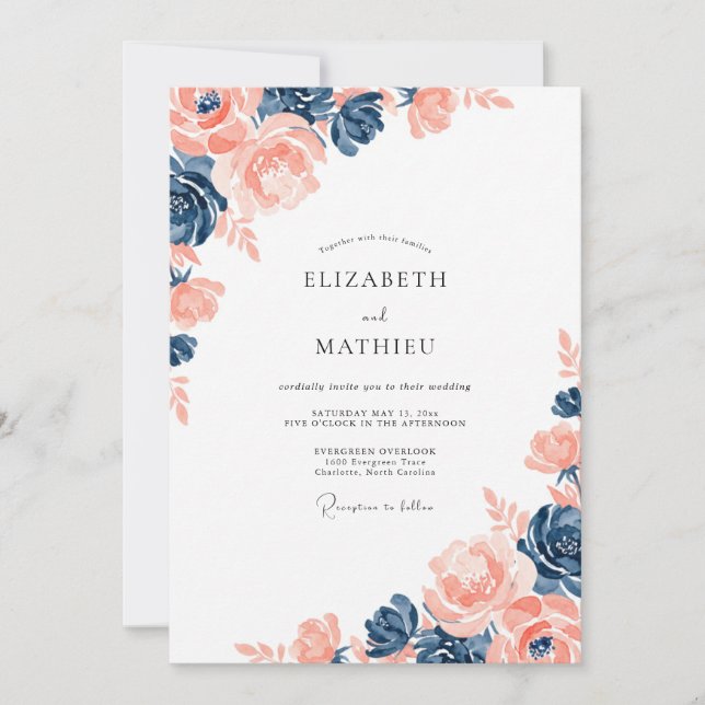 Convites Casamento de Verão com Aguarela Navy Peach Lush (Frente)