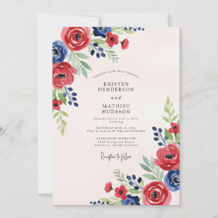 Convites Casamento de Verão com Aquarela Azul Naval Vermelh