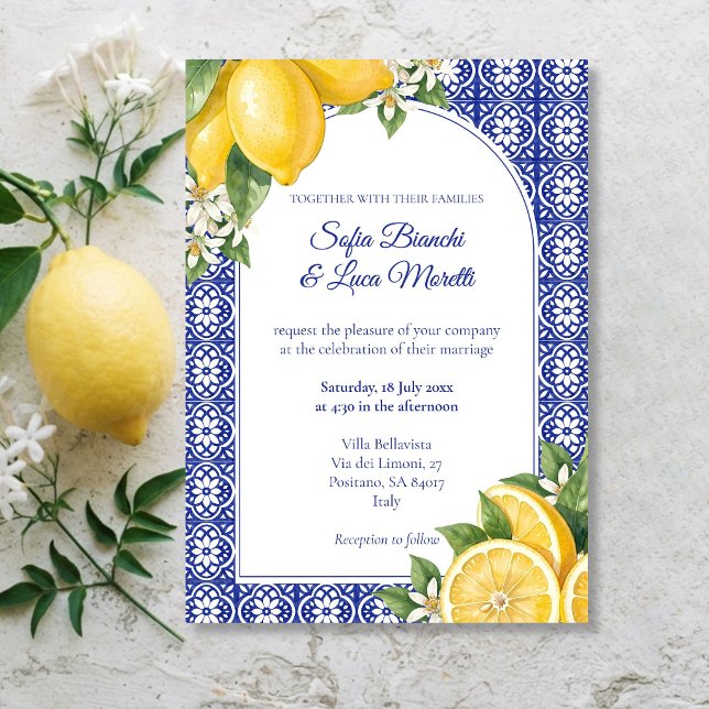 Convites Casamento de Verão com Azulejo Azul de Limão Amalf (Italian Summer Amalfi Lemon Blue Tile Wedding Invitation)
